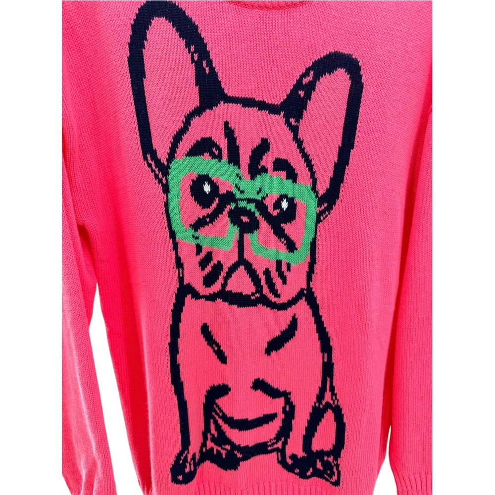 OXKNIT Women Hot Pink French Bulldog Sweater XL Cotton Retro Quirky Dog Pullover - Picture 2 of 5